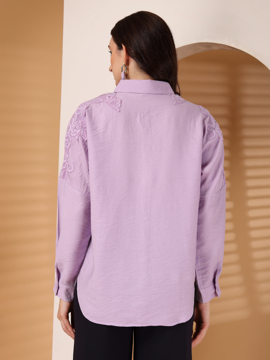 Thirty Threads Womens Black Self Design Collar Neck Long Sleeve Regular Length Shirt