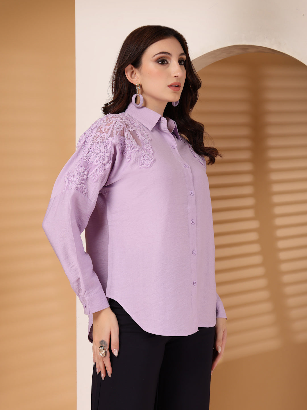 Thirty Threads Womens Black Self Design Collar Neck Long Sleeve Regular Length Shirt