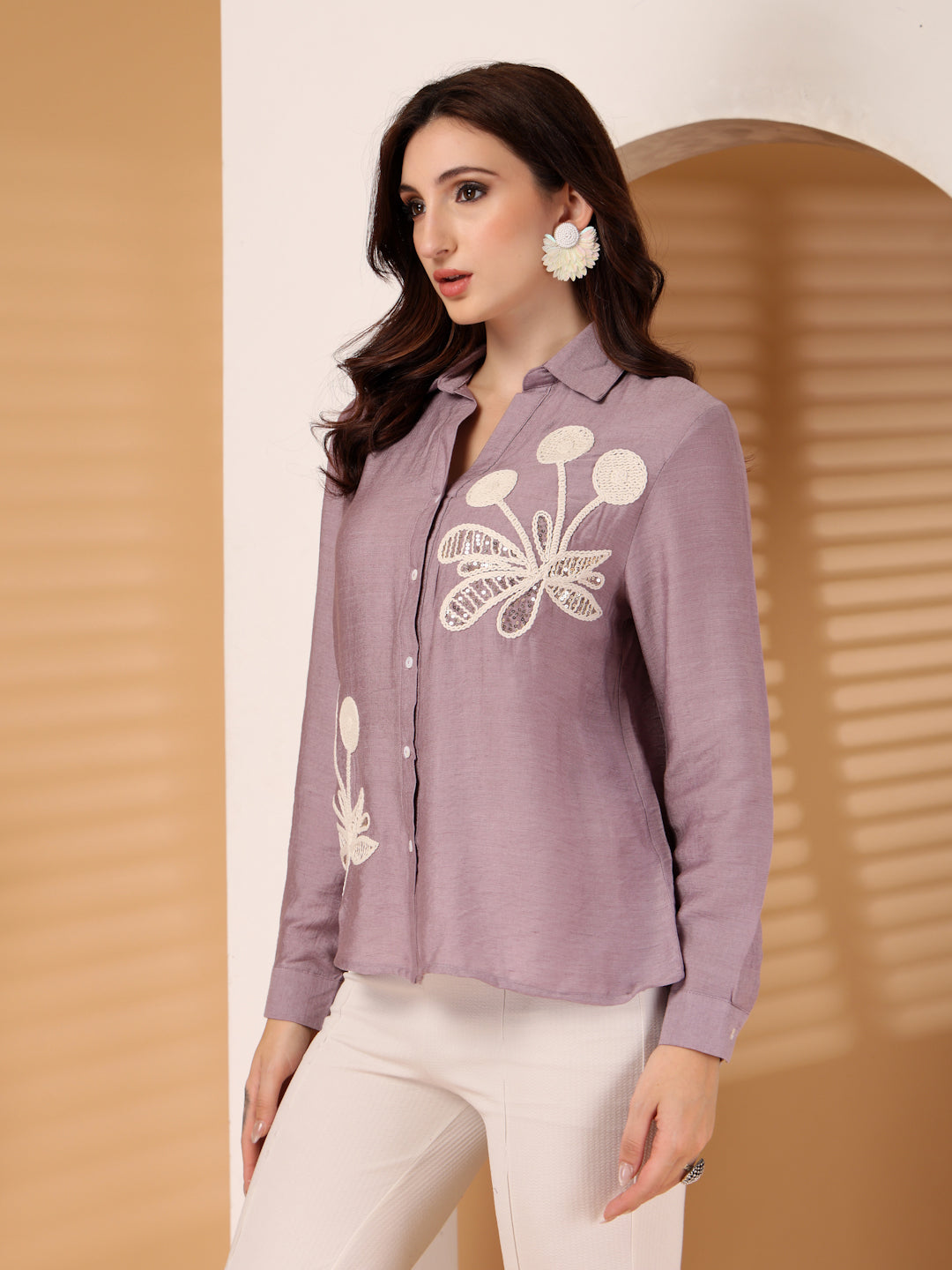 Thirty Threads Womens Beige Emboirered Collar Neck Long Sleeve Regular Length Shirt