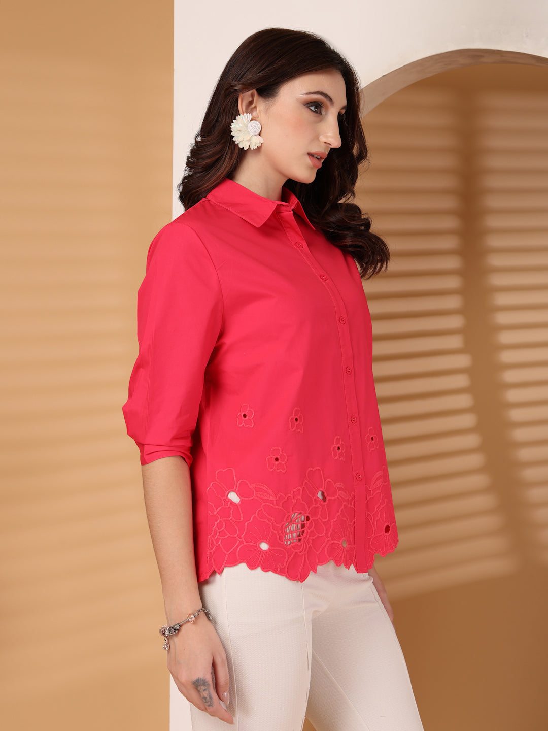 Thirty Threads Womens Sky Blue Floral Self Design  Collar Neck 3/4 Sleeve Regular Length Shirt