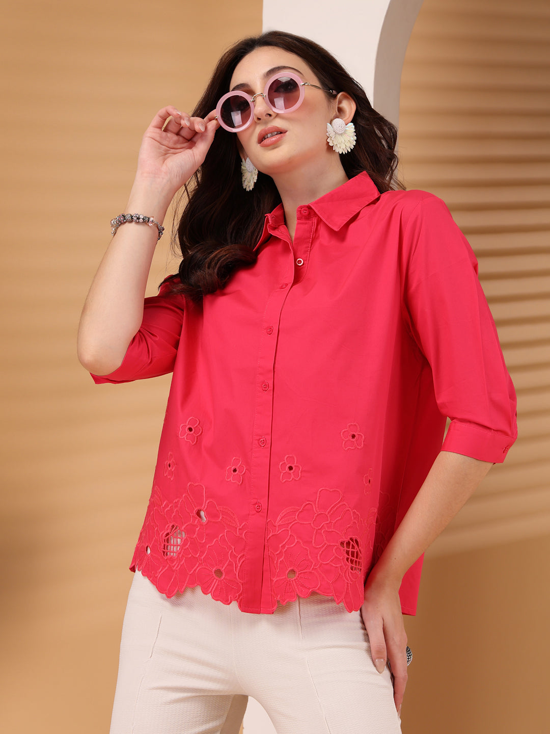 Thirty Threads Womens Sky Blue Floral Self Design  Collar Neck 3/4 Sleeve Regular Length Shirt