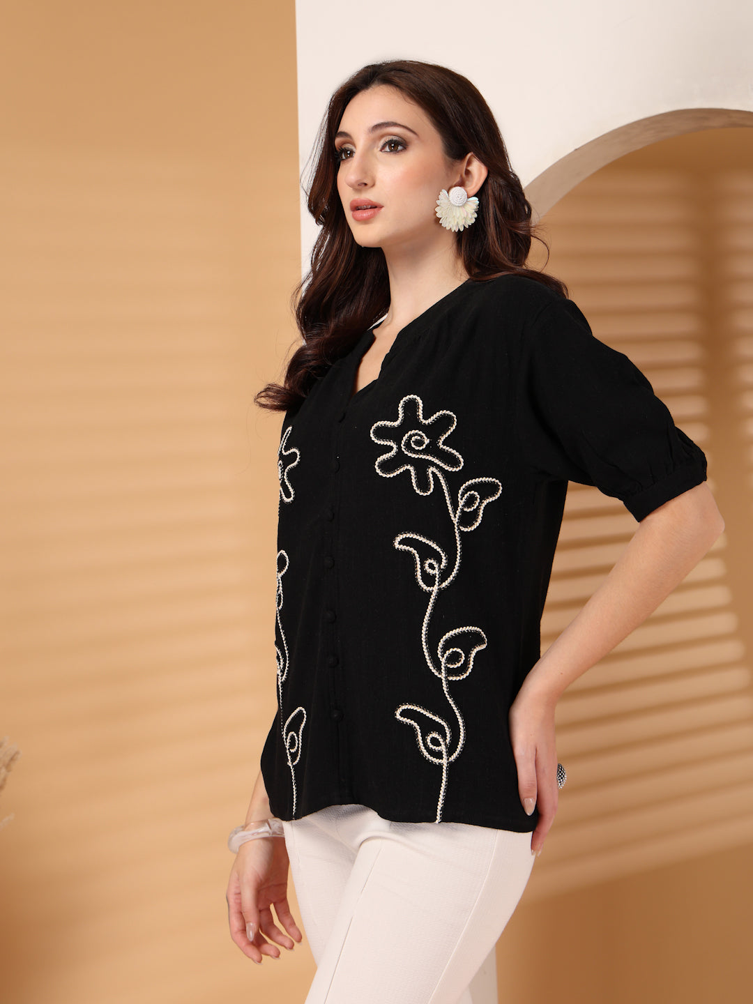 Thirty Threads Womens Beige Emboirered V-Neck Neck 3/4 Sleeve Regular Length Shirt