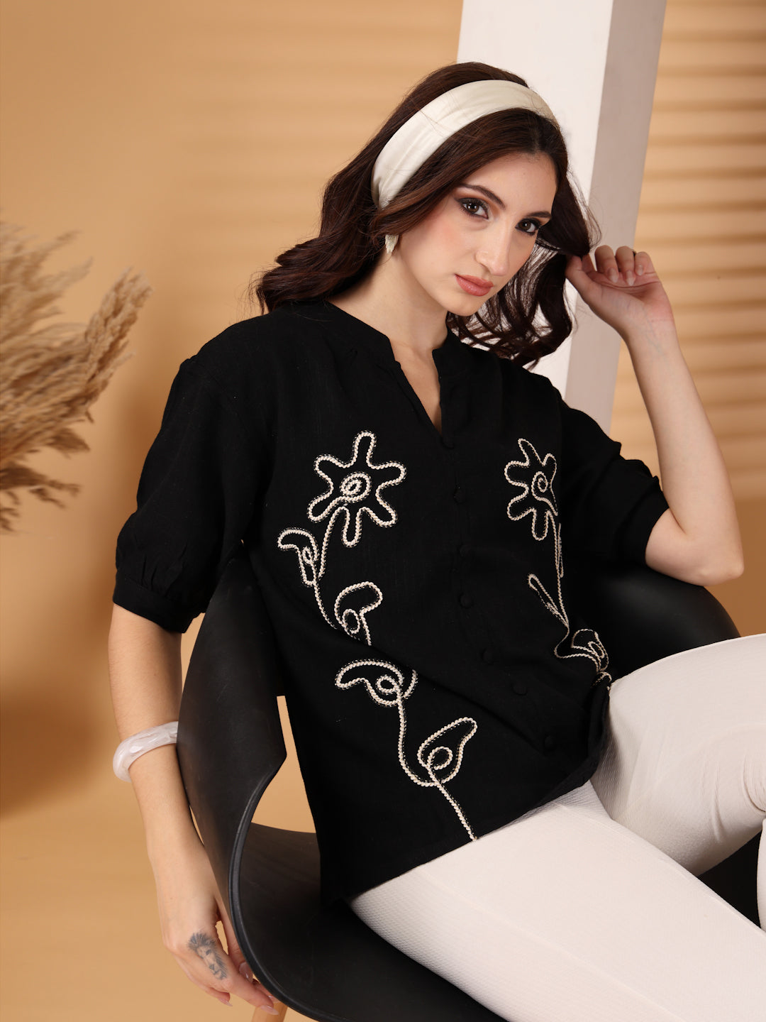 Thirty Threads Womens Beige Emboirered V-Neck Neck 3/4 Sleeve Regular Length Shirt