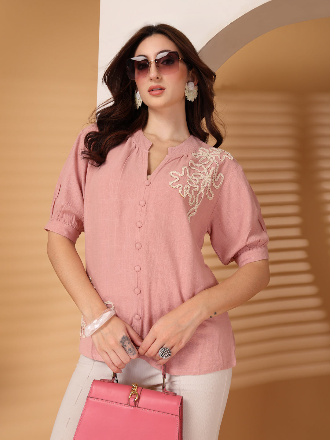 Thirty Threads Womens Khakhi Emboirered V-Neck Neck 3/4 Sleeve Regular Length Shirt