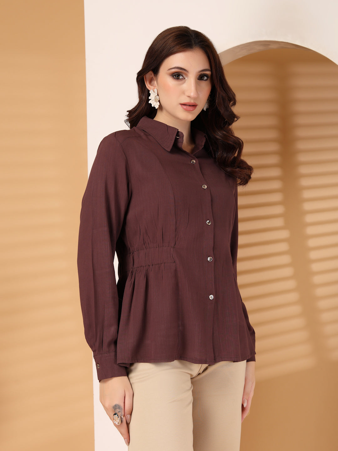 Thirty Threads Womens Navy Blue Solid Collar Neck Long Sleeve Regular Length Shirt
