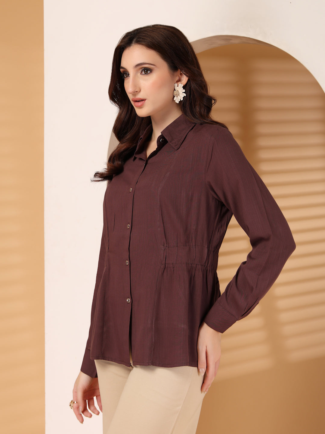 Thirty Threads Womens Navy Blue Solid Collar Neck Long Sleeve Regular Length Shirt