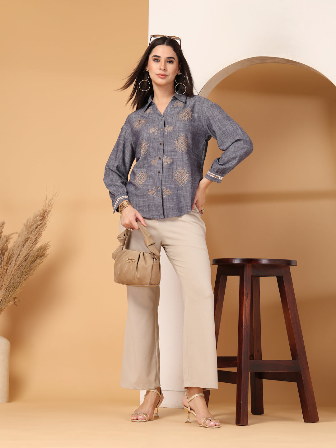 Thirty Threads Womens Brown Ethnic Motifs Collar Neck Long Sleeve Regular Length Shirt