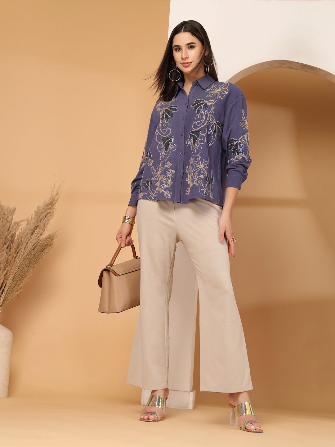 Thirty Threads Womens Beige Embellished Collar Neck Long Sleeve Regular Length