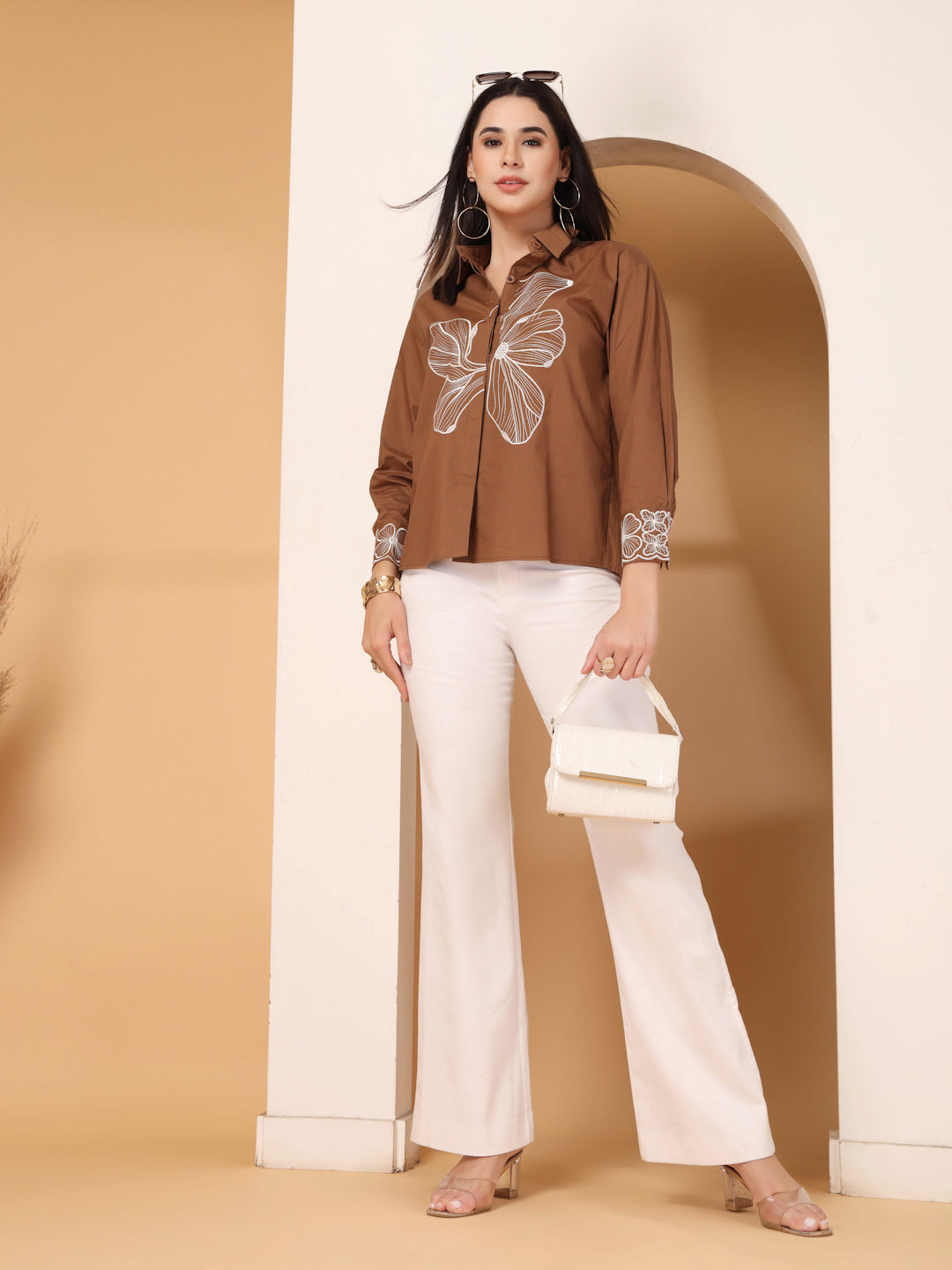 Thirty Threads Womens White Floral Emboirered  Long Sleeve Length Shirt