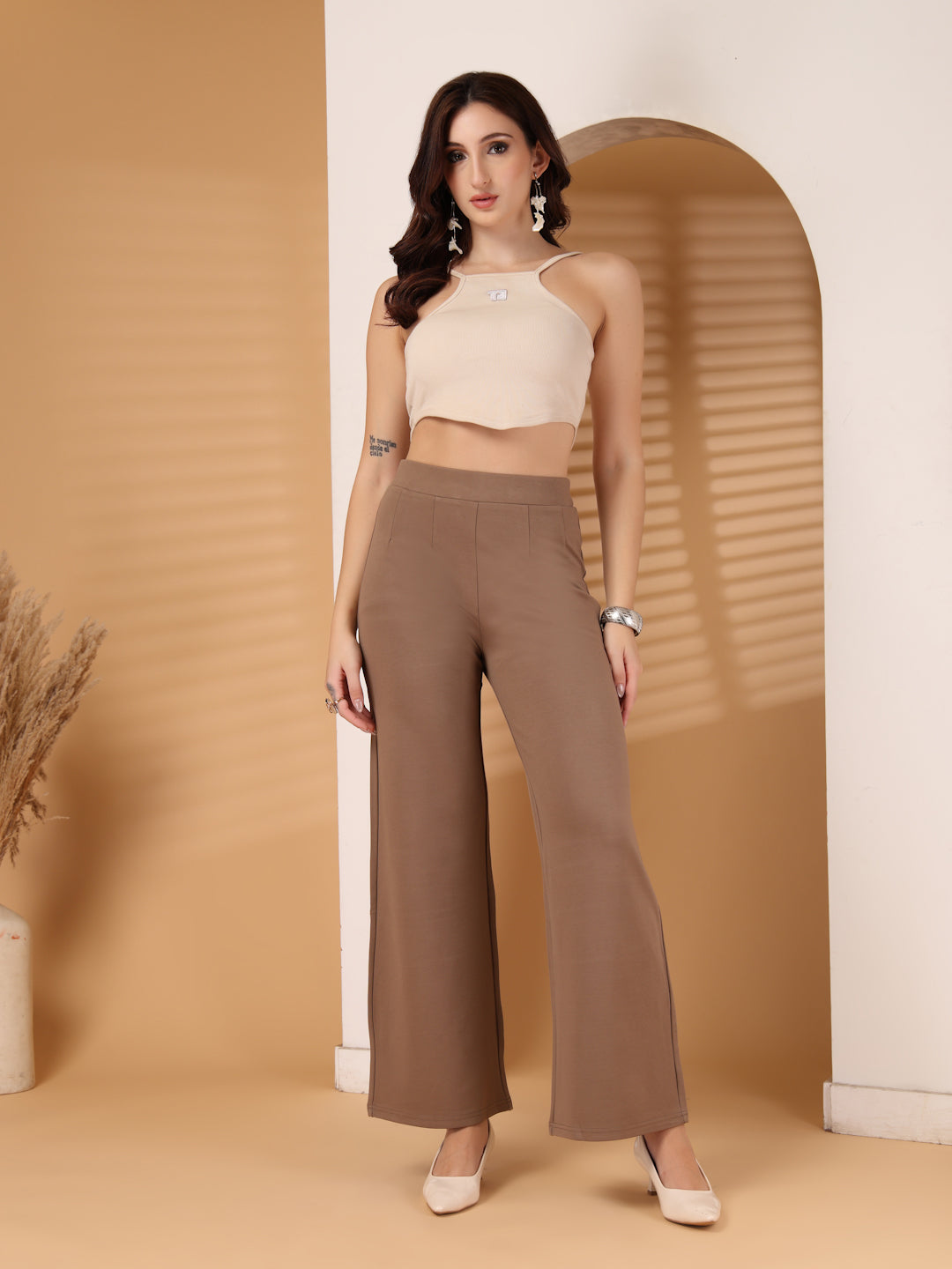 Thirty Threads Womens Beige Solid Ankle Length Palazoo