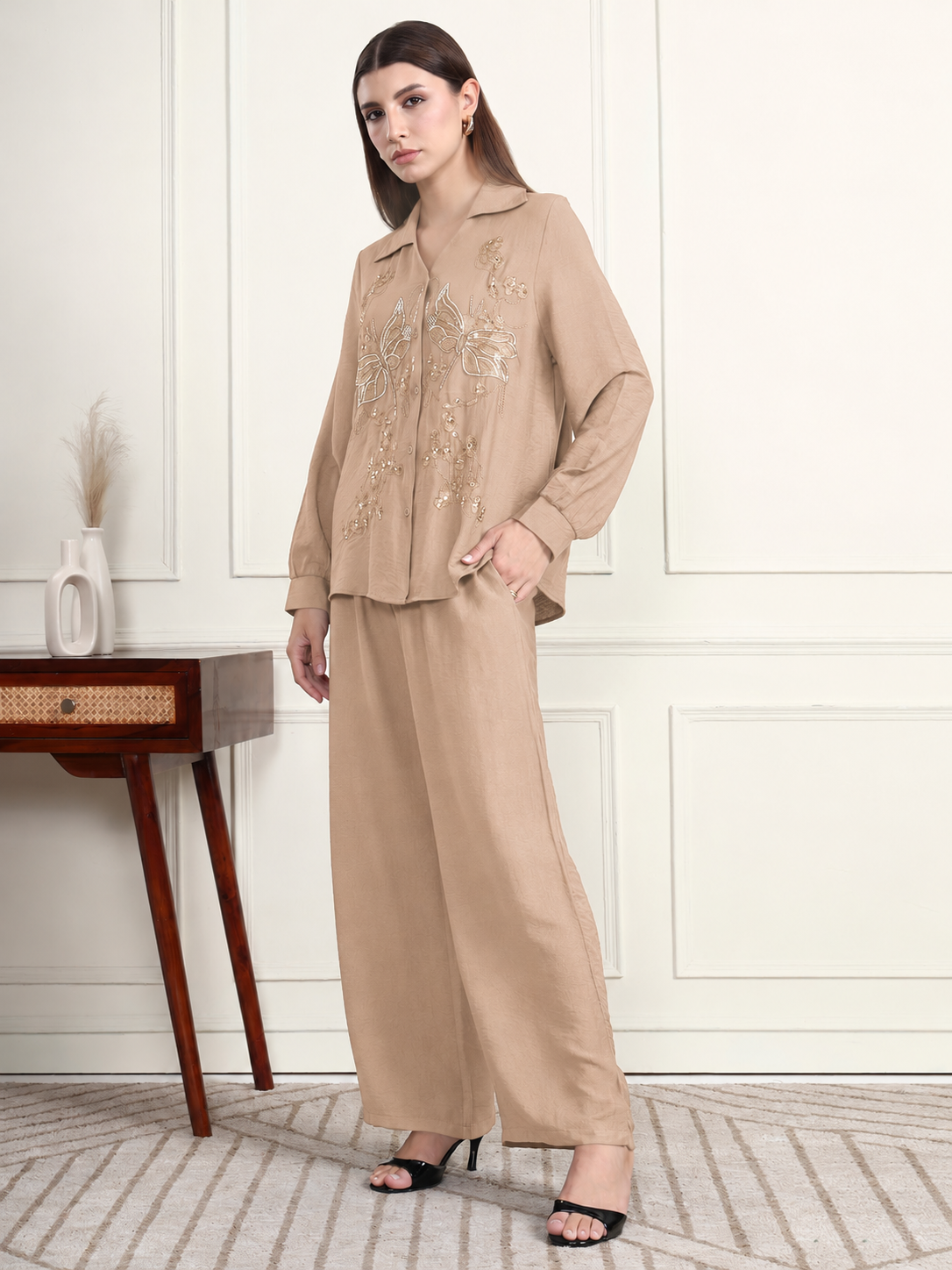 Thirty Threads Winter Wear Embellished Collar Long Sleeves Co-Ord Set