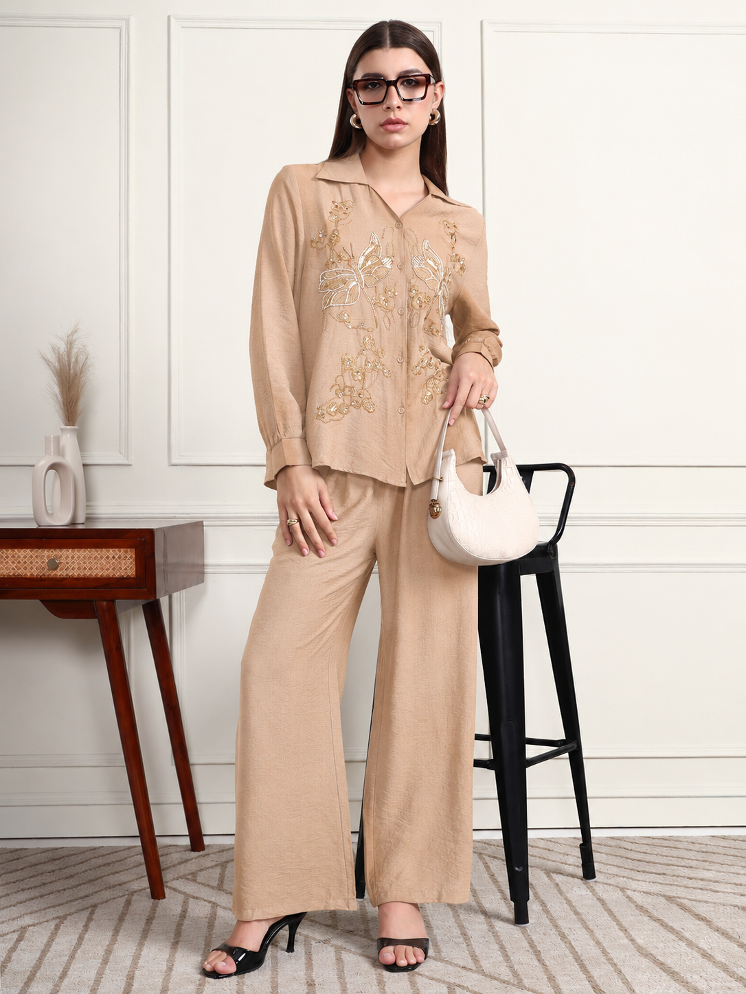 Thirty Threads Winter Wear Embellished Collar Long Sleeves Co-Ord Set