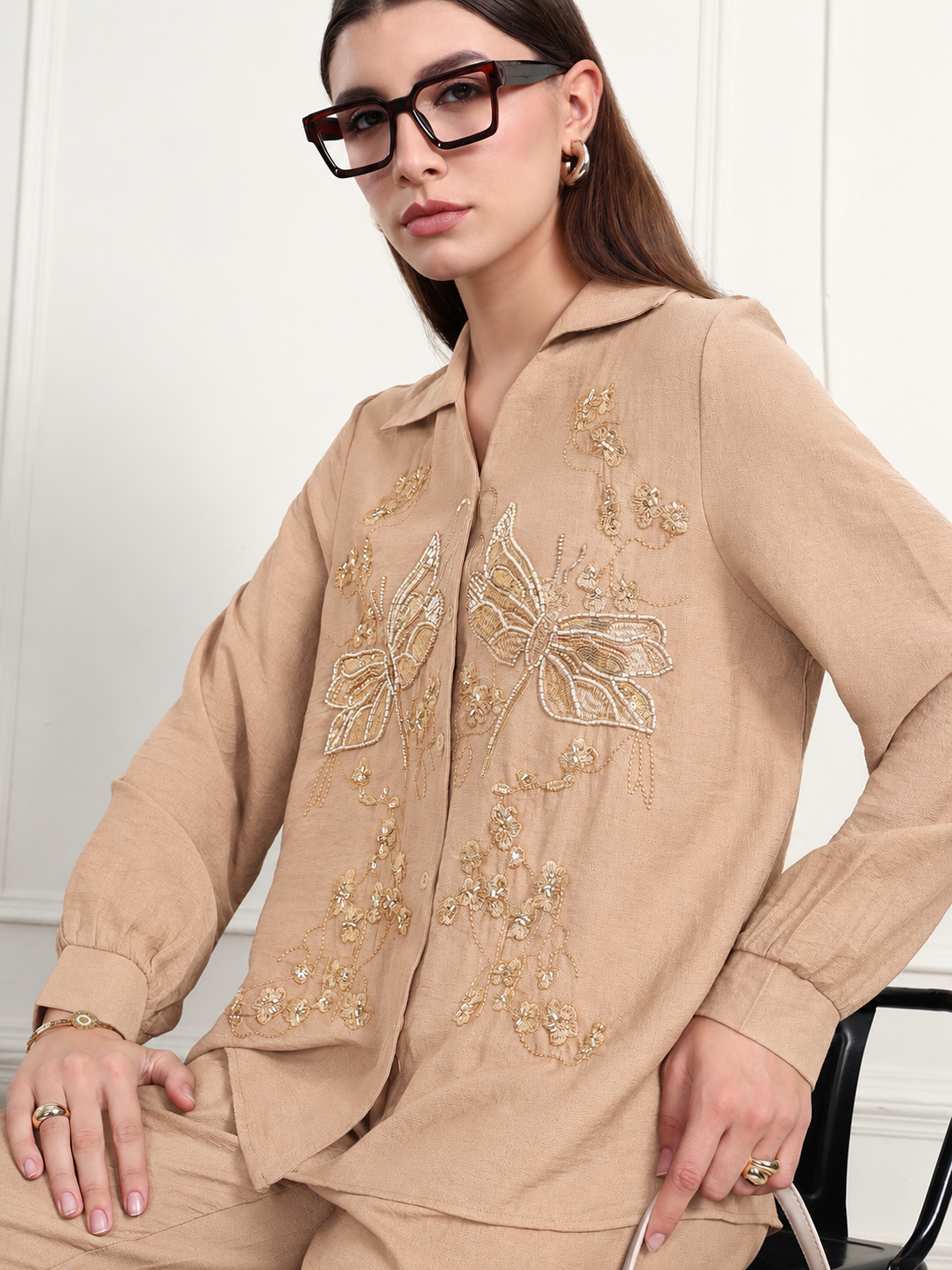 Thirty Threads Winter Wear Embellished Collar Long Sleeves Co-Ord Set