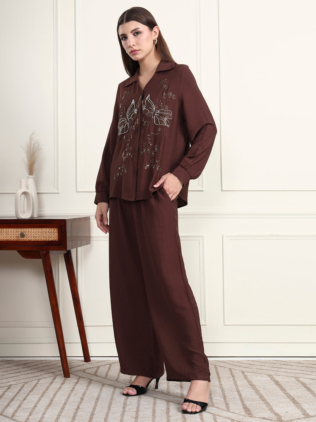 Thirty Threads Winter Wear Embellished Collar Long Sleeves Co-Ord Set