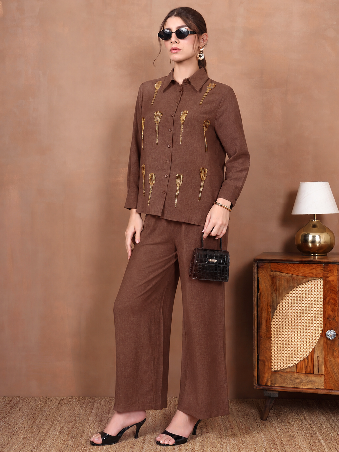 Thirty Threads Winter Wear Embellished Collar Long Sleeves Co-Ord Set