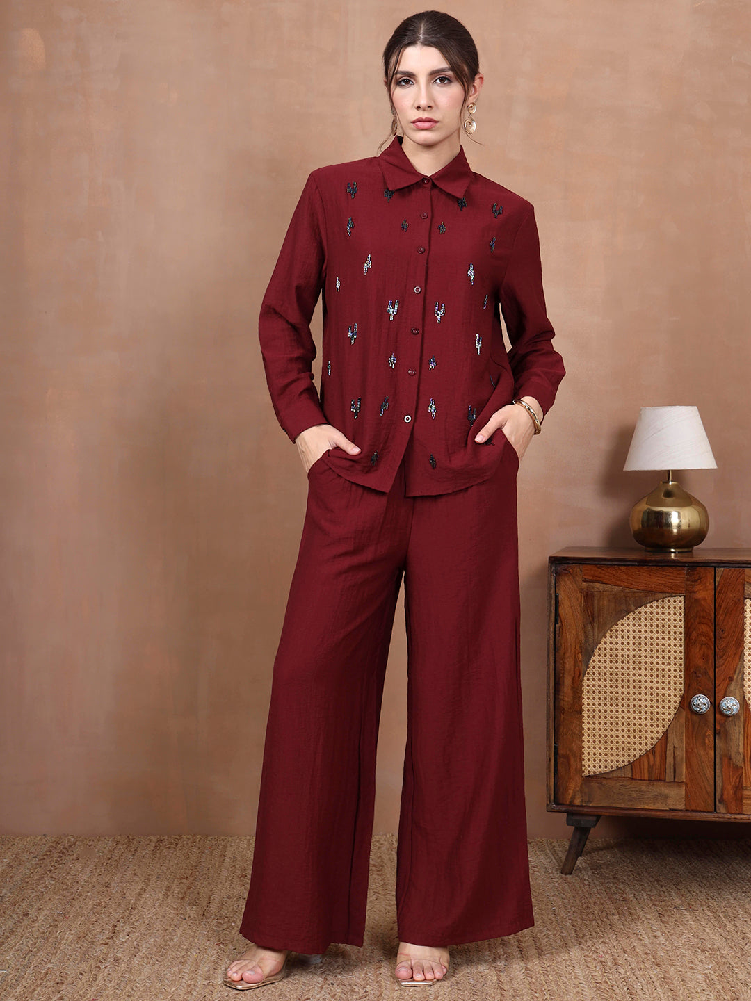 Thirty Threads Winter Wear Maroon Embellished Collar Long Sleeves Co-Ord Set