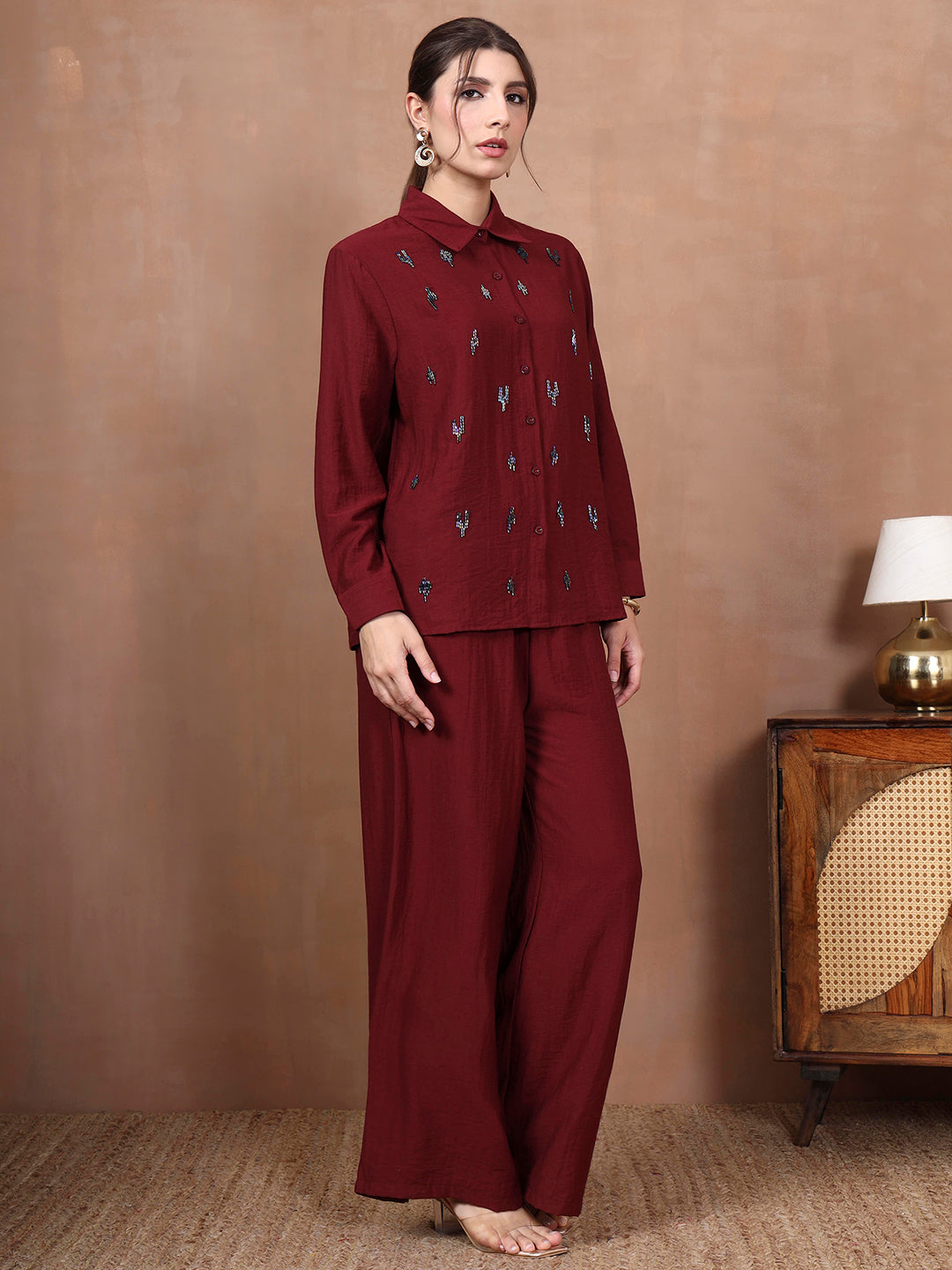 Thirty Threads Winter Wear Maroon Embellished Collar Long Sleeves Co-Ord Set