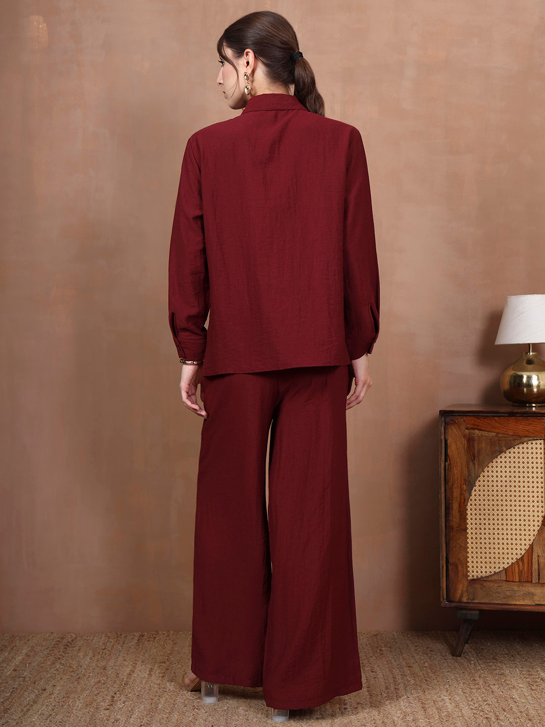 Thirty Threads Winter Wear Maroon Embellished Collar Long Sleeves Co-Ord Set