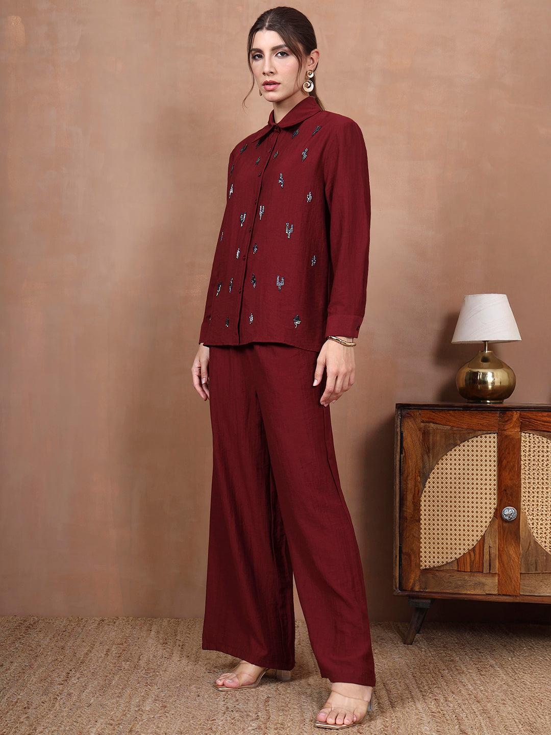 Thirty Threads Winter Wear Maroon Embellished Collar Long Sleeves Co-Ord Set