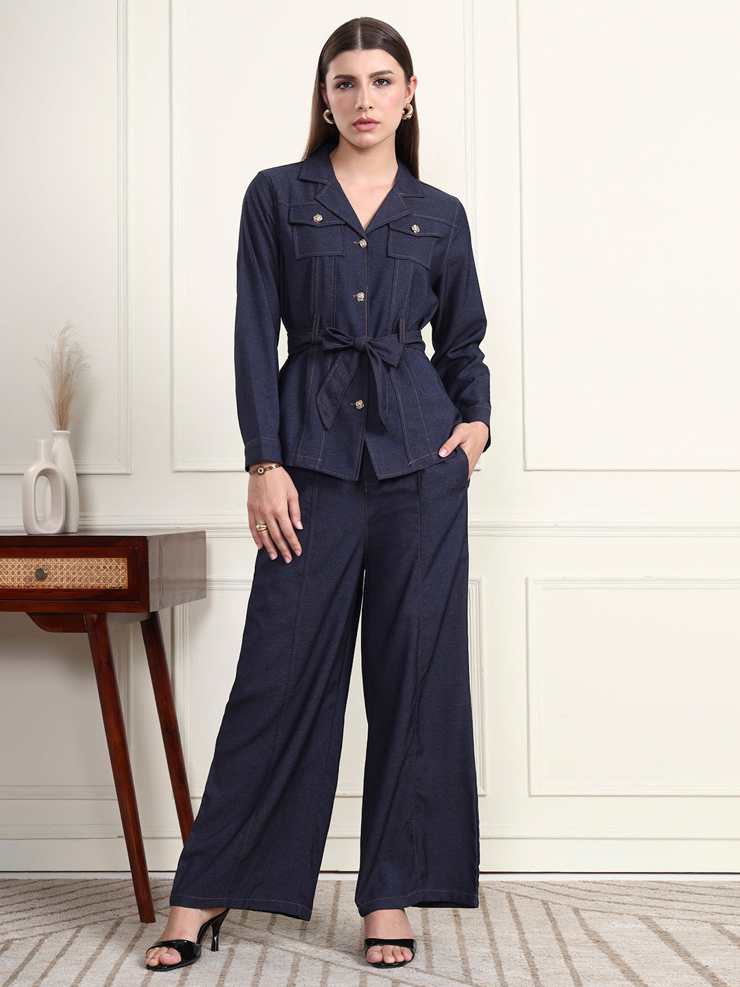 Thirty Threads Winter Wear Denim Blue Solid Lapel Collar Long Sleeves Co-Ord Set