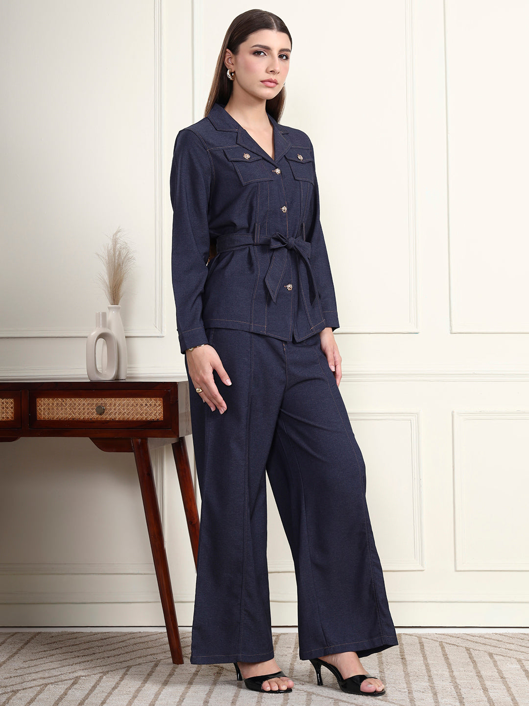 Thirty Threads Winter Wear Denim Blue Solid Lapel Collar Long Sleeves Co-Ord Set
