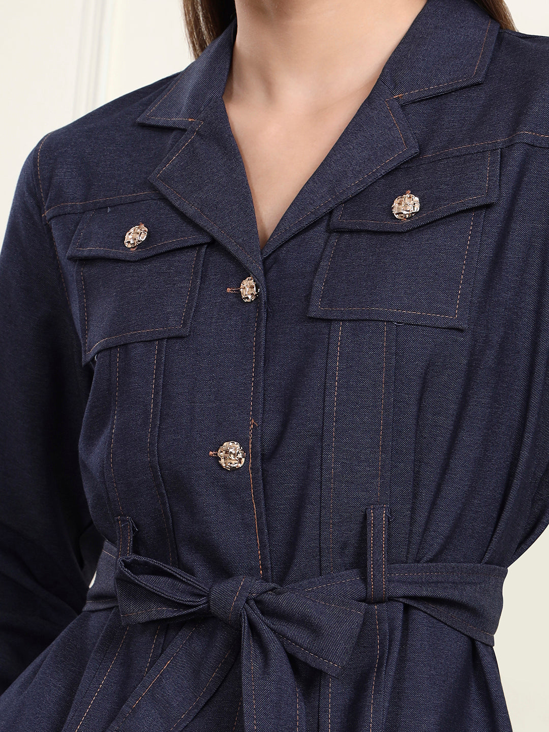 Thirty Threads Winter Wear Denim Blue Solid Lapel Collar Long Sleeves Co-Ord Set