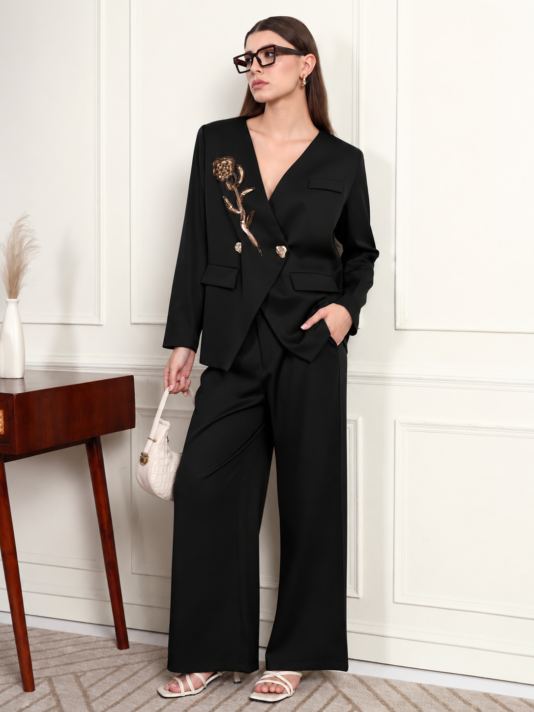 Thirty Threads Winter Wear Embellished V-Neck Long Sleeves Co-Ord Set