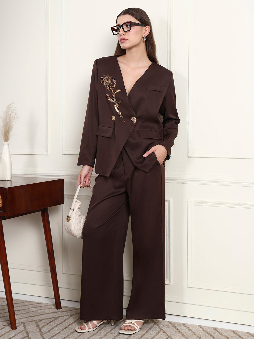 Thirty Threads Winter Wear Embellished V-Neck Long Sleeves Co-Ord Set