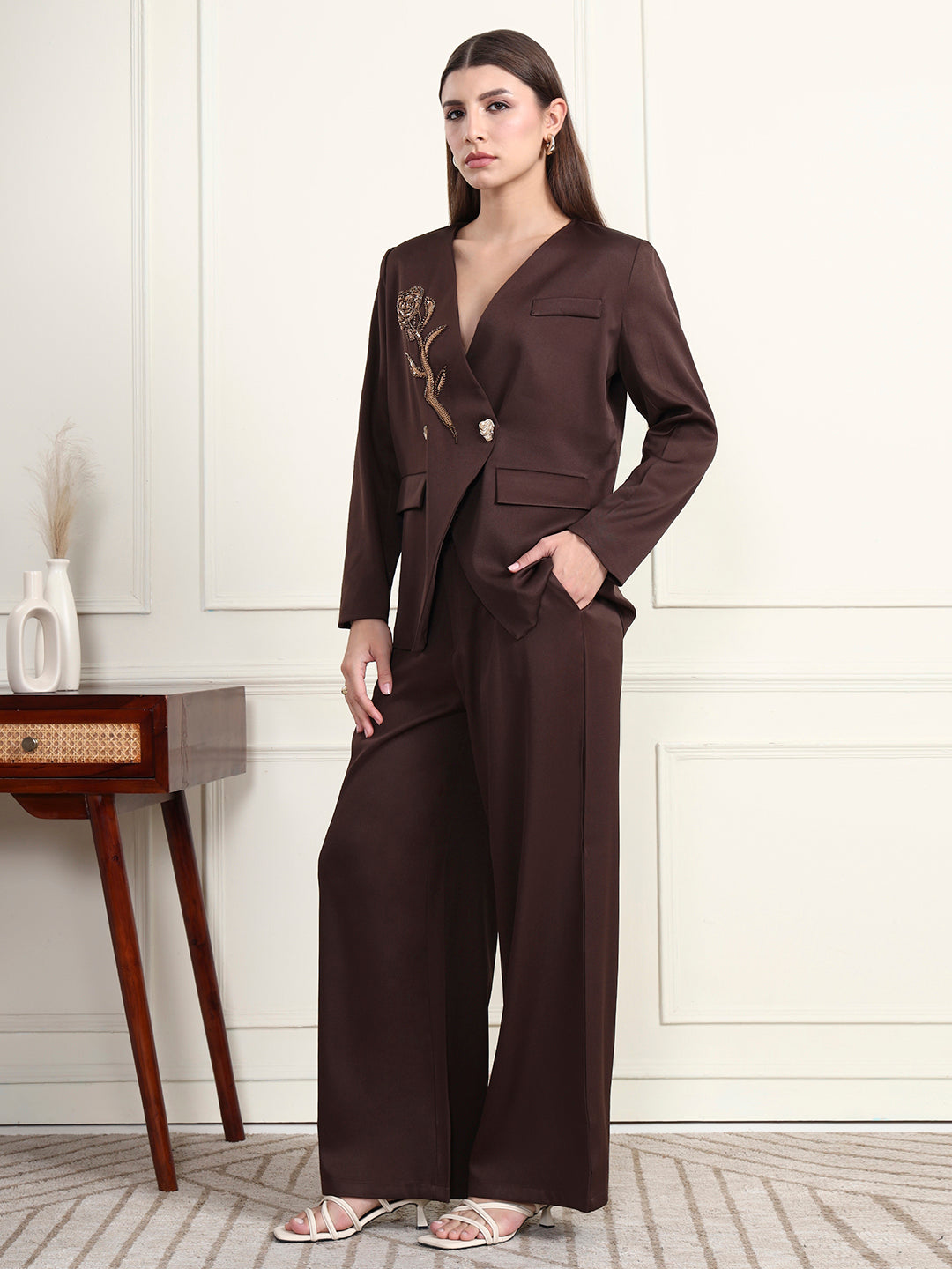 Thirty Threads Winter Wear Embellished V-Neck Long Sleeves Co-Ord Set