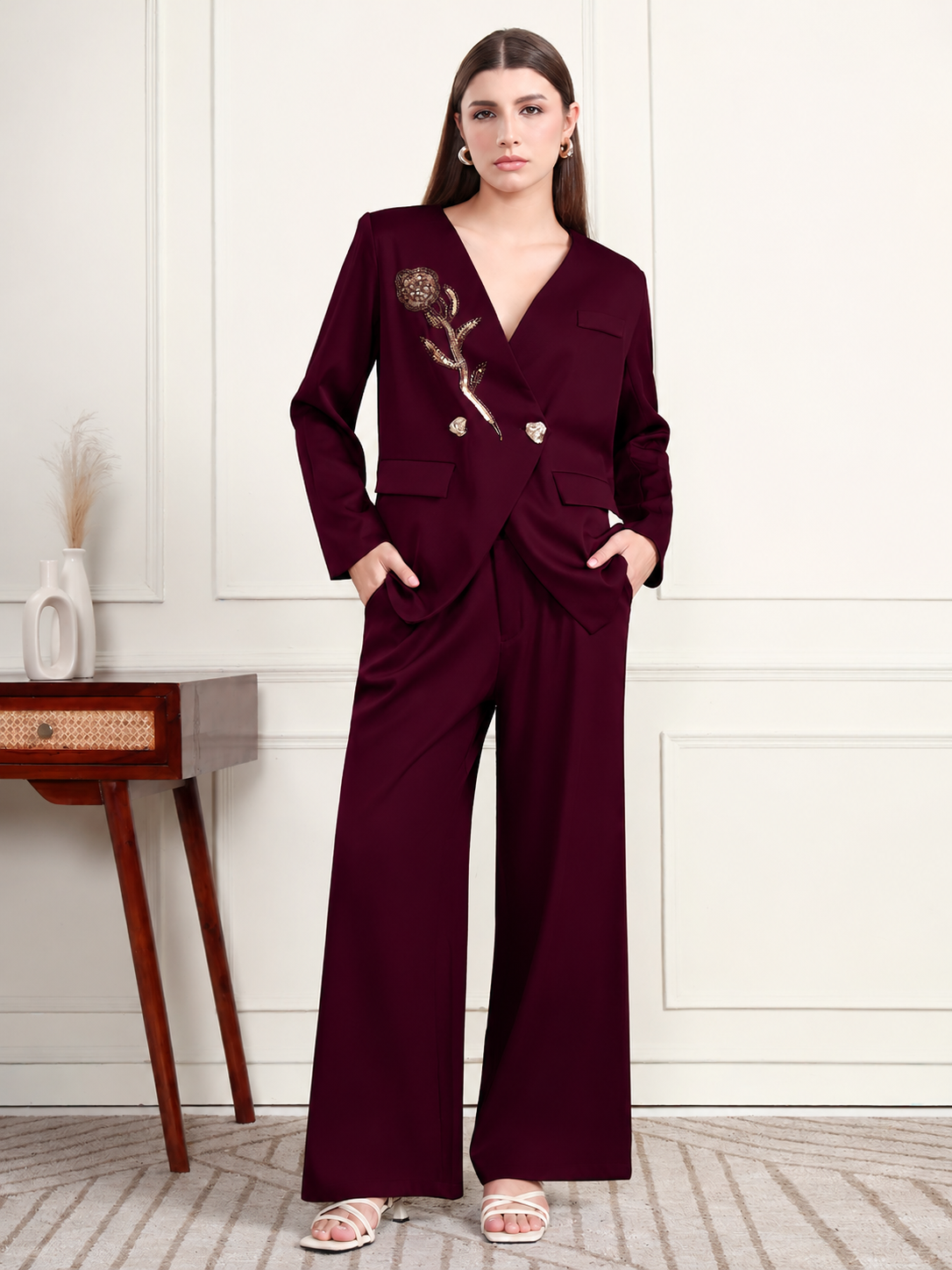 Thirty Threads Winter Wear Embellished V-Neck Long Sleeves Co-Ord Set