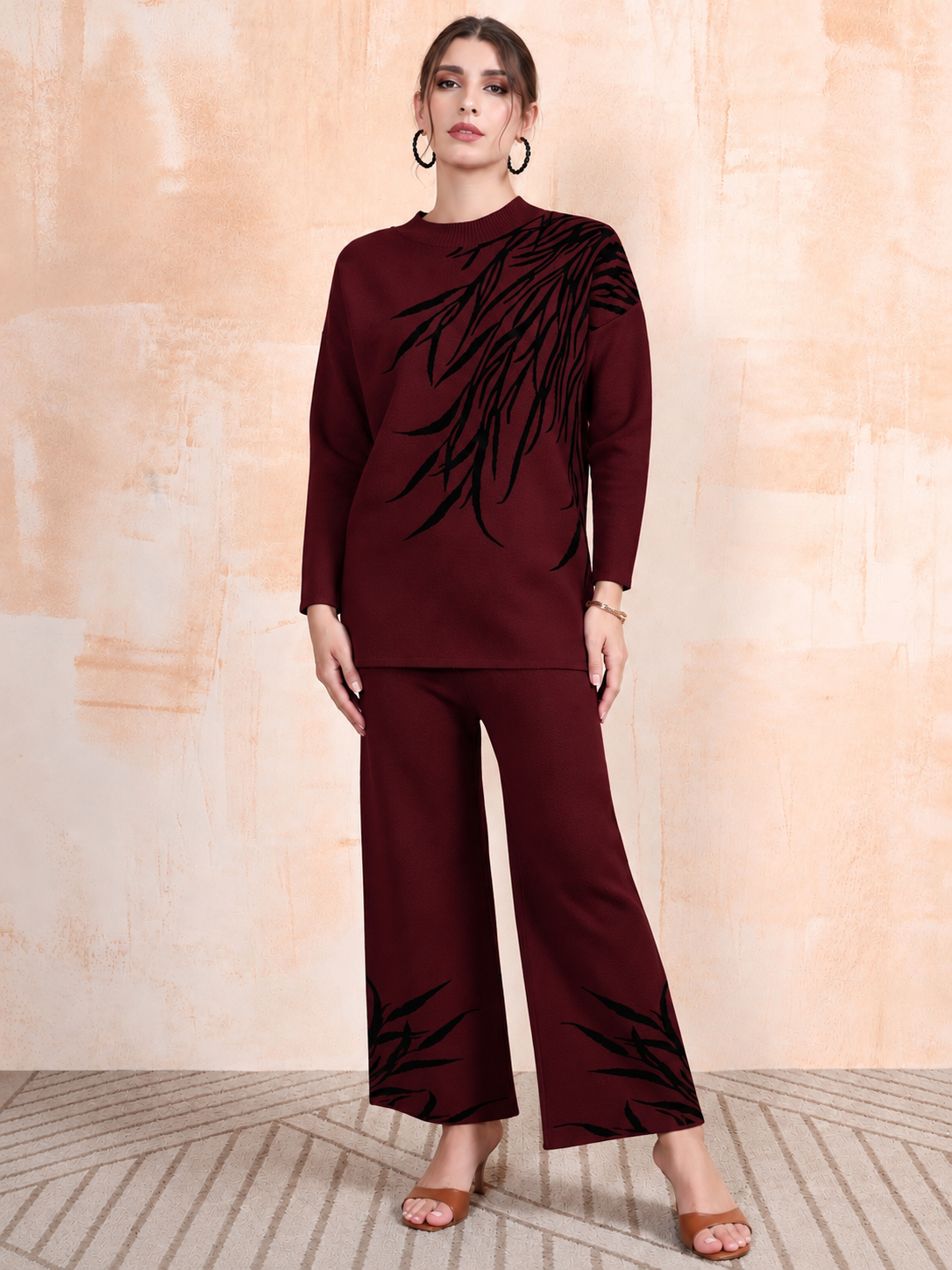 Thirty Threads Winter Wear Printed Mock Collar Long Sleeves Co-Ord Set