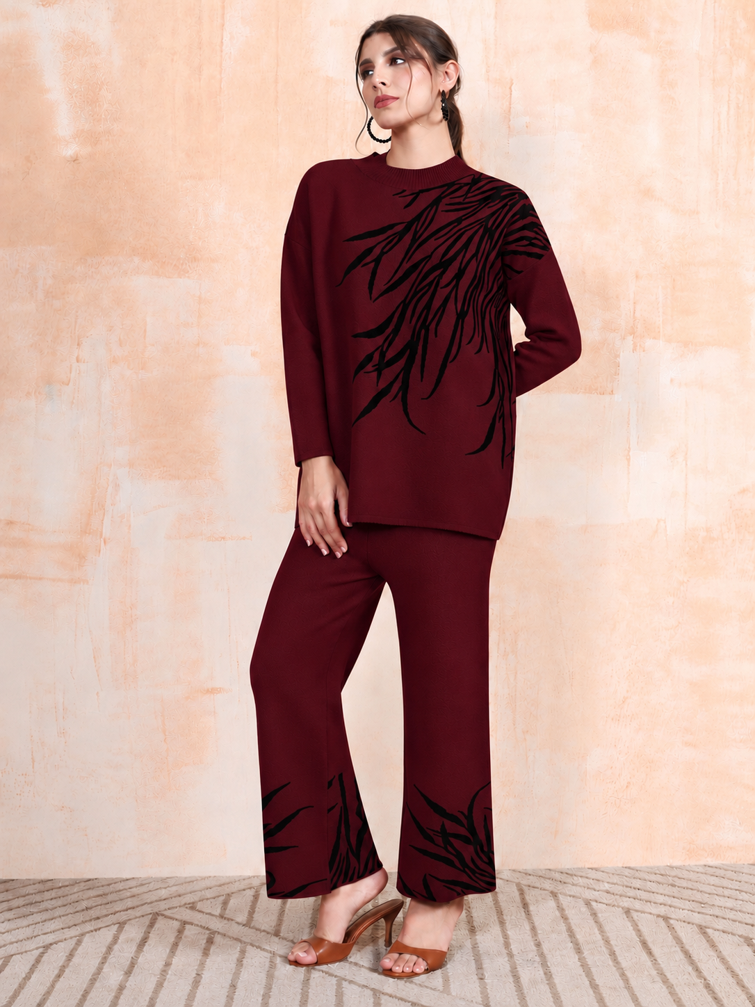 Thirty Threads Winter Wear Printed Mock Collar Long Sleeves Co-Ord Set