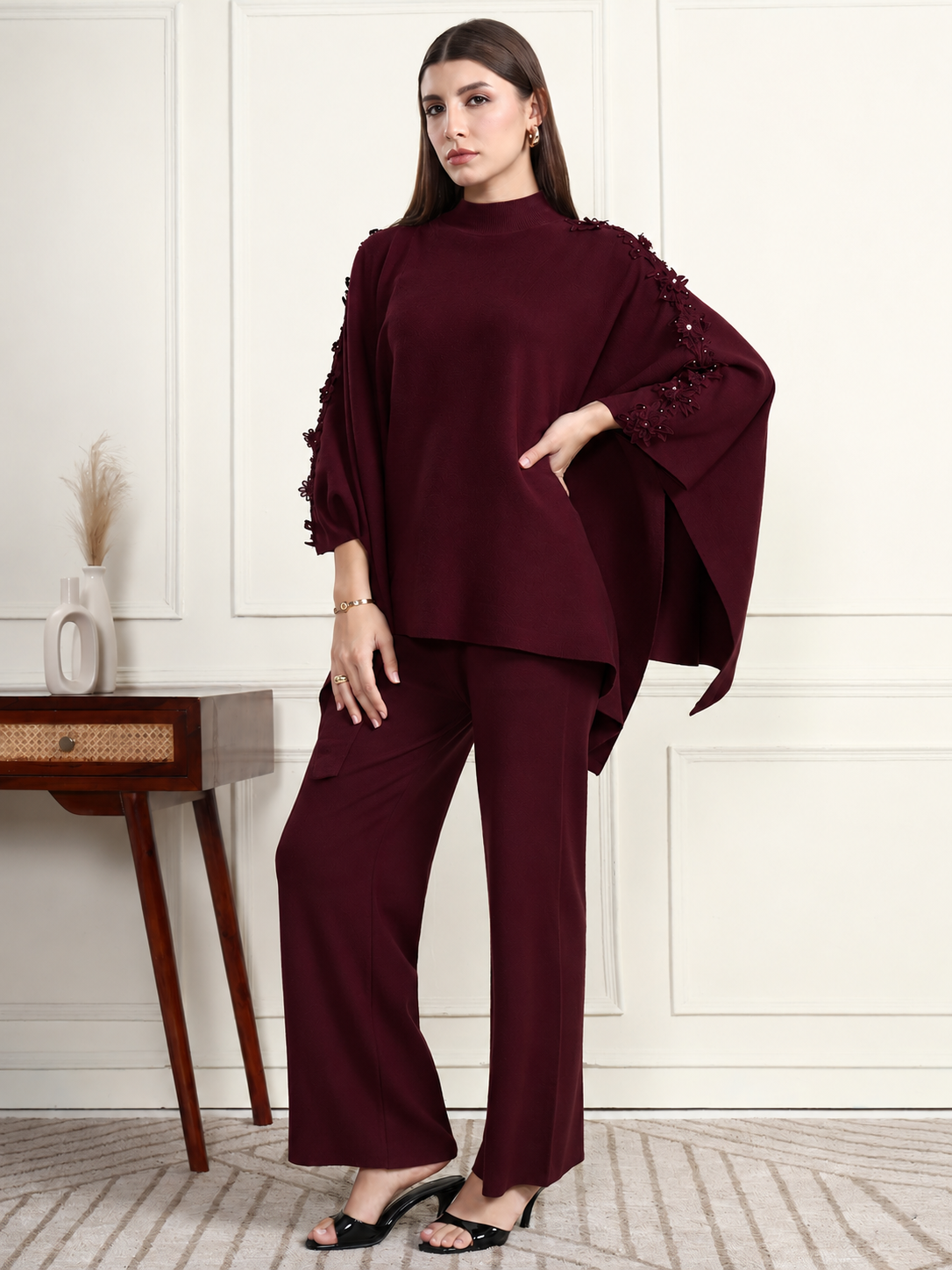 Thirty Threads Winter Wear Embroidered Mock Collar Long Sleeves Co-Ord Set