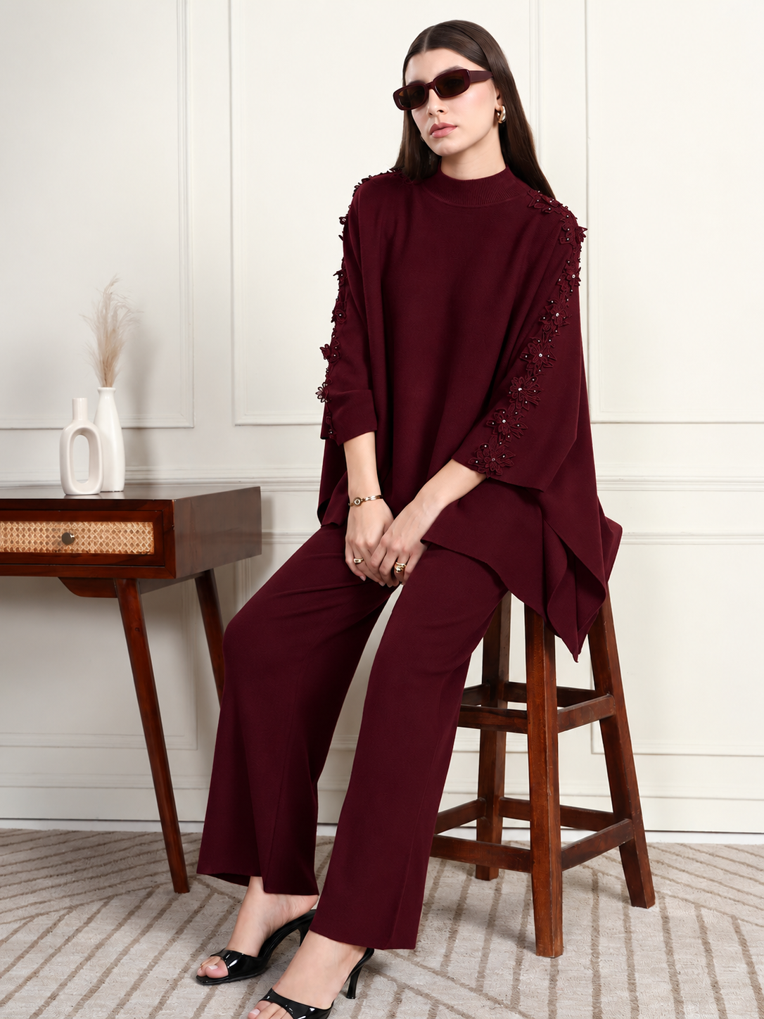 Thirty Threads Winter Wear Embroidered Mock Collar Long Sleeves Co-Ord Set