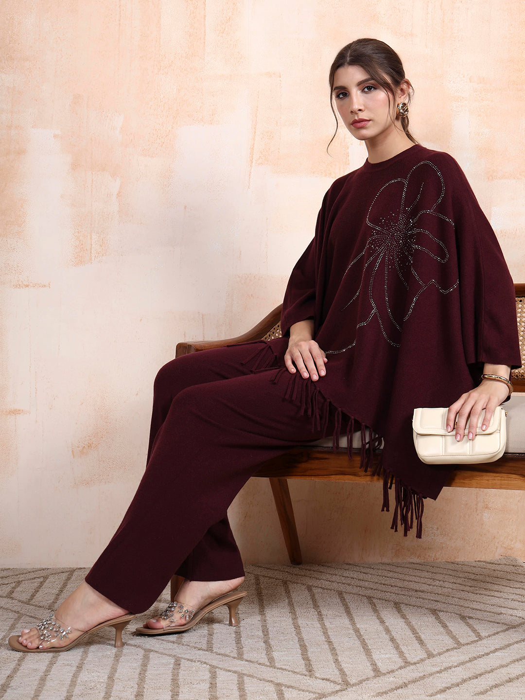 Thirty Threads Winter Wear Embellished Mock Collar Long Sleeves Co-Ord Set
