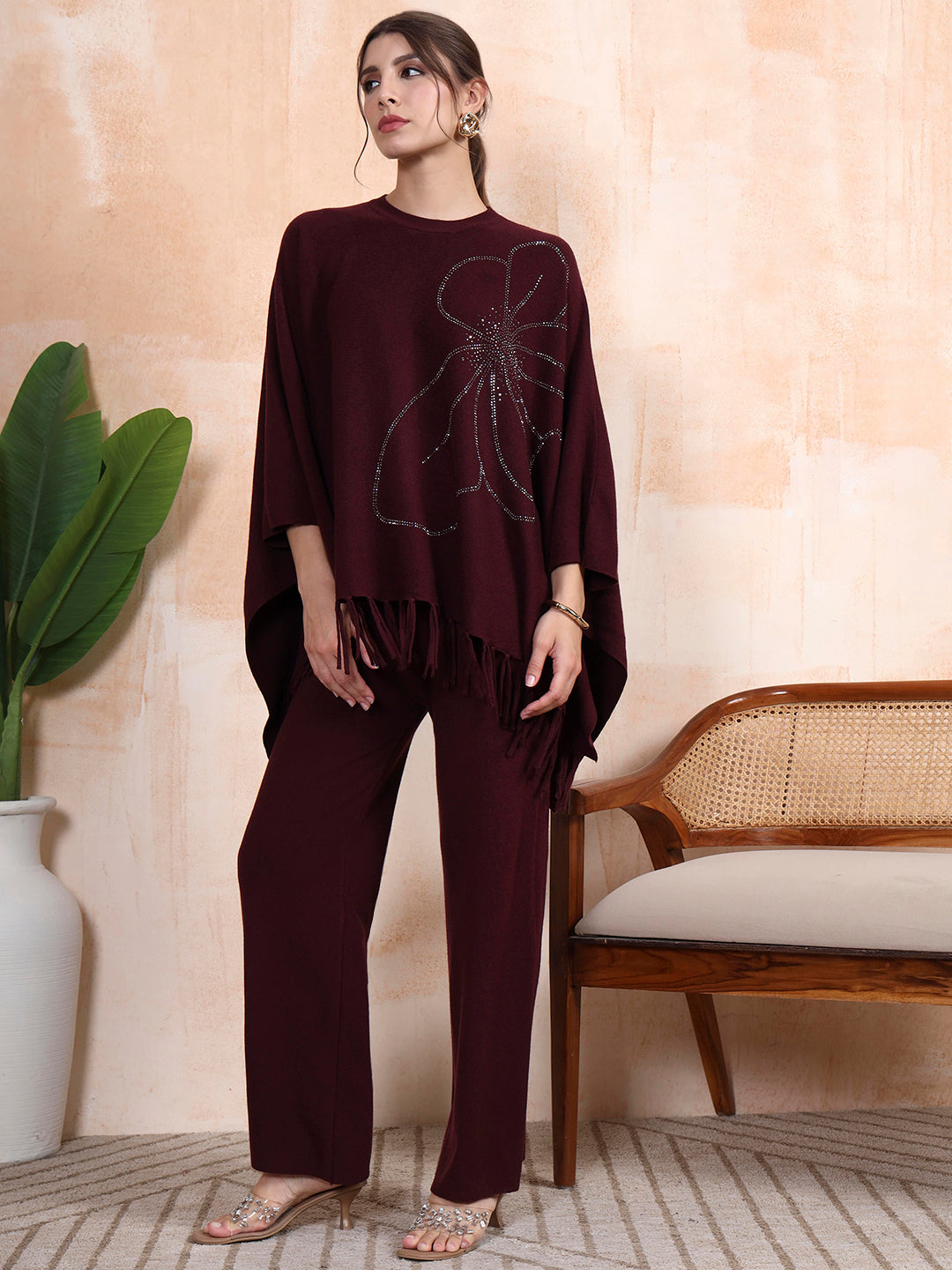 Thirty Threads Winter Wear Embellished Mock Collar Long Sleeves Co-Ord Set