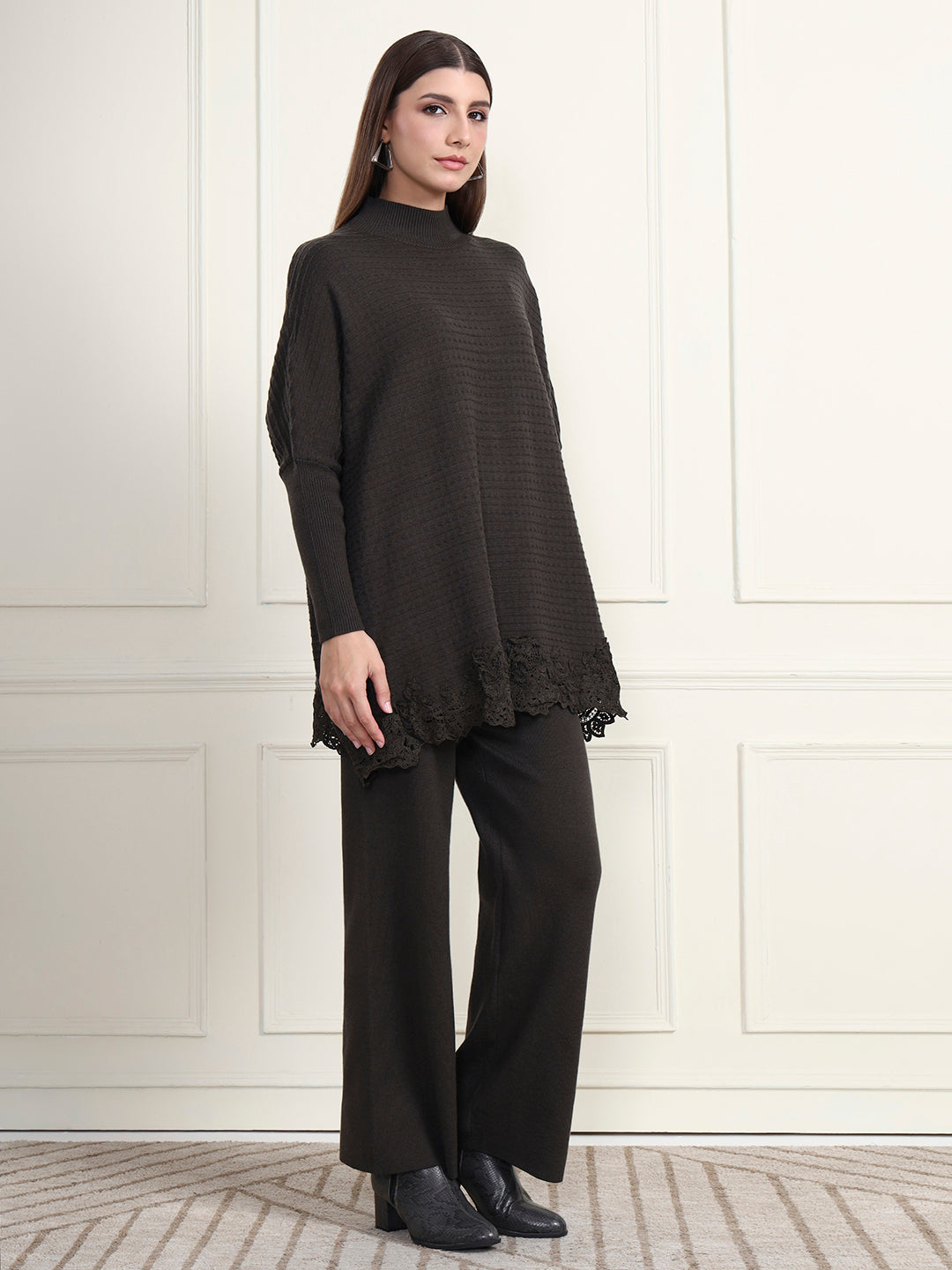 Thirty Threads Winter Wear Embroidered Mock Collar Long Sleeves Co-Ord Set