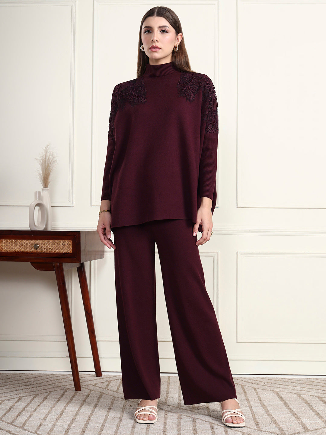 Thirty Threads Winter Wear Embroidered Mock Collar Long Sleeves Co-Ord Set