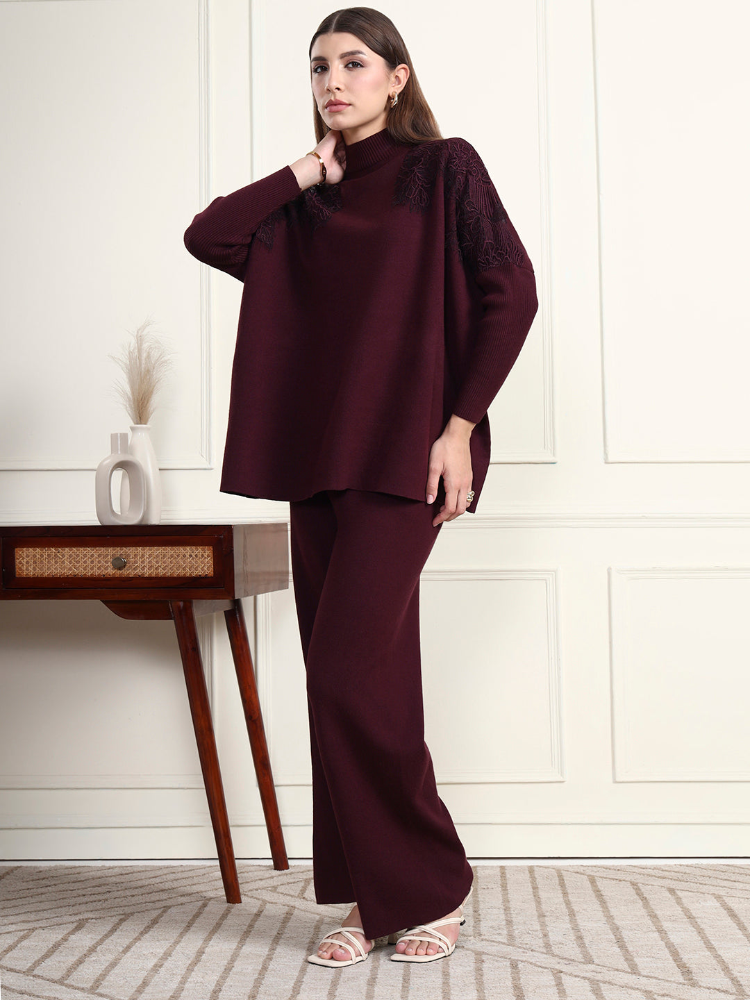 Thirty Threads Winter Wear Embroidered Mock Collar Long Sleeves Co-Ord Set