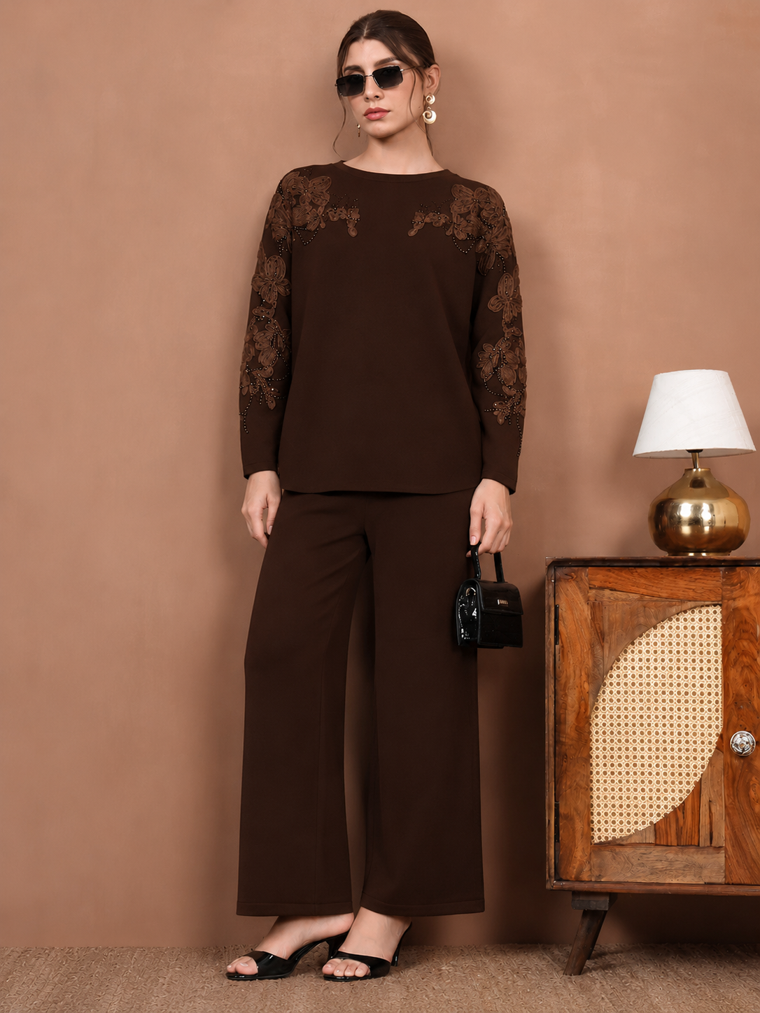 Thirty Threads Winter Wear Embroidered Mock Collar Long Sleeves Co-Ord Set