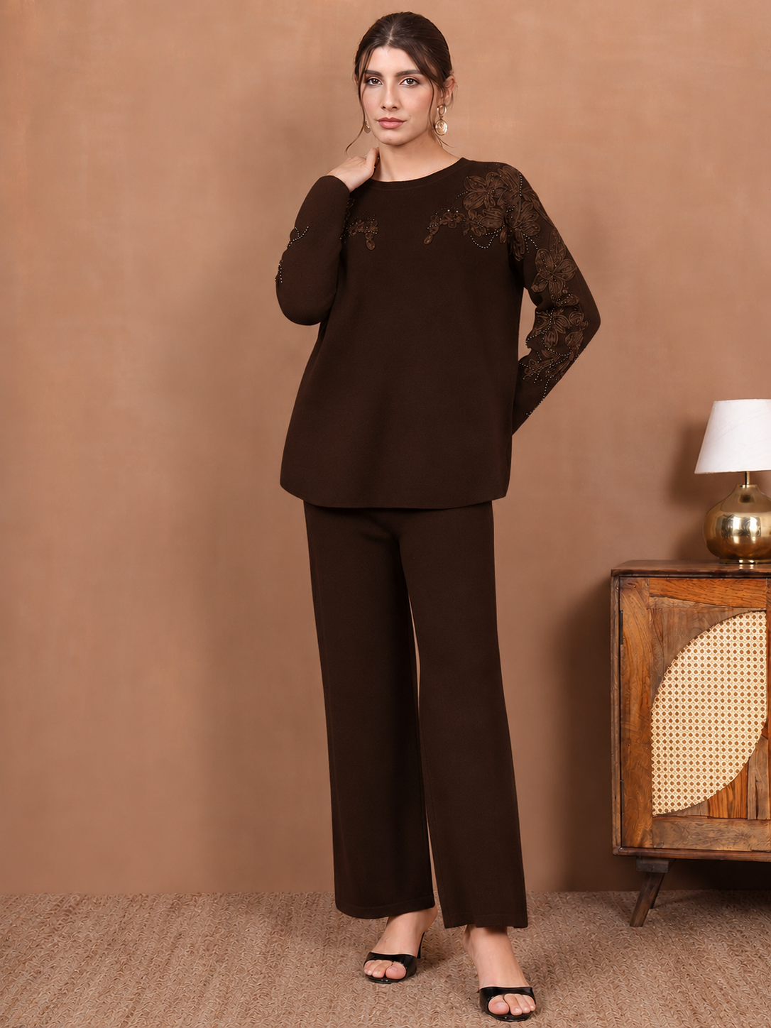 Thirty Threads Winter Wear Embroidered Mock Collar Long Sleeves Co-Ord Set