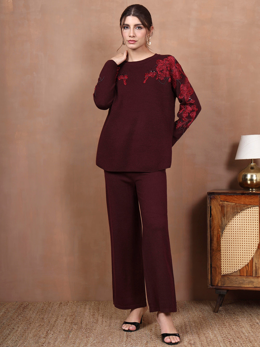 Thirty Threads Winter Wear Embroidered Mock Collar Long Sleeves Co-Ord Set