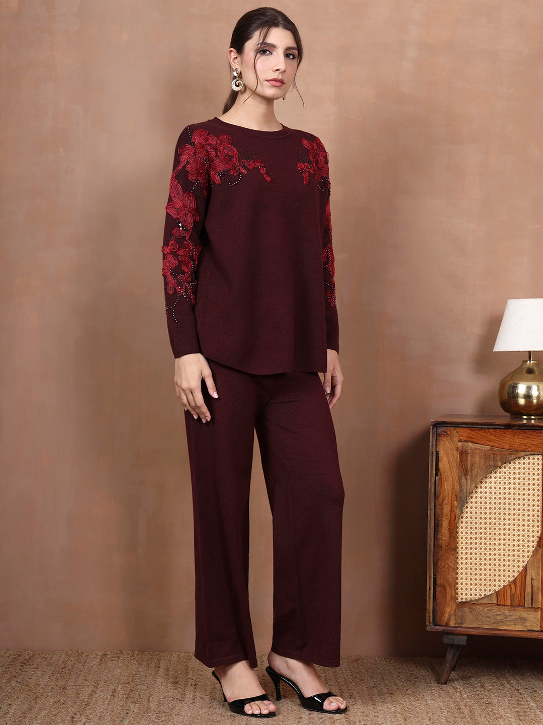 Thirty Threads Winter Wear Embroidered Mock Collar Long Sleeves Co-Ord Set