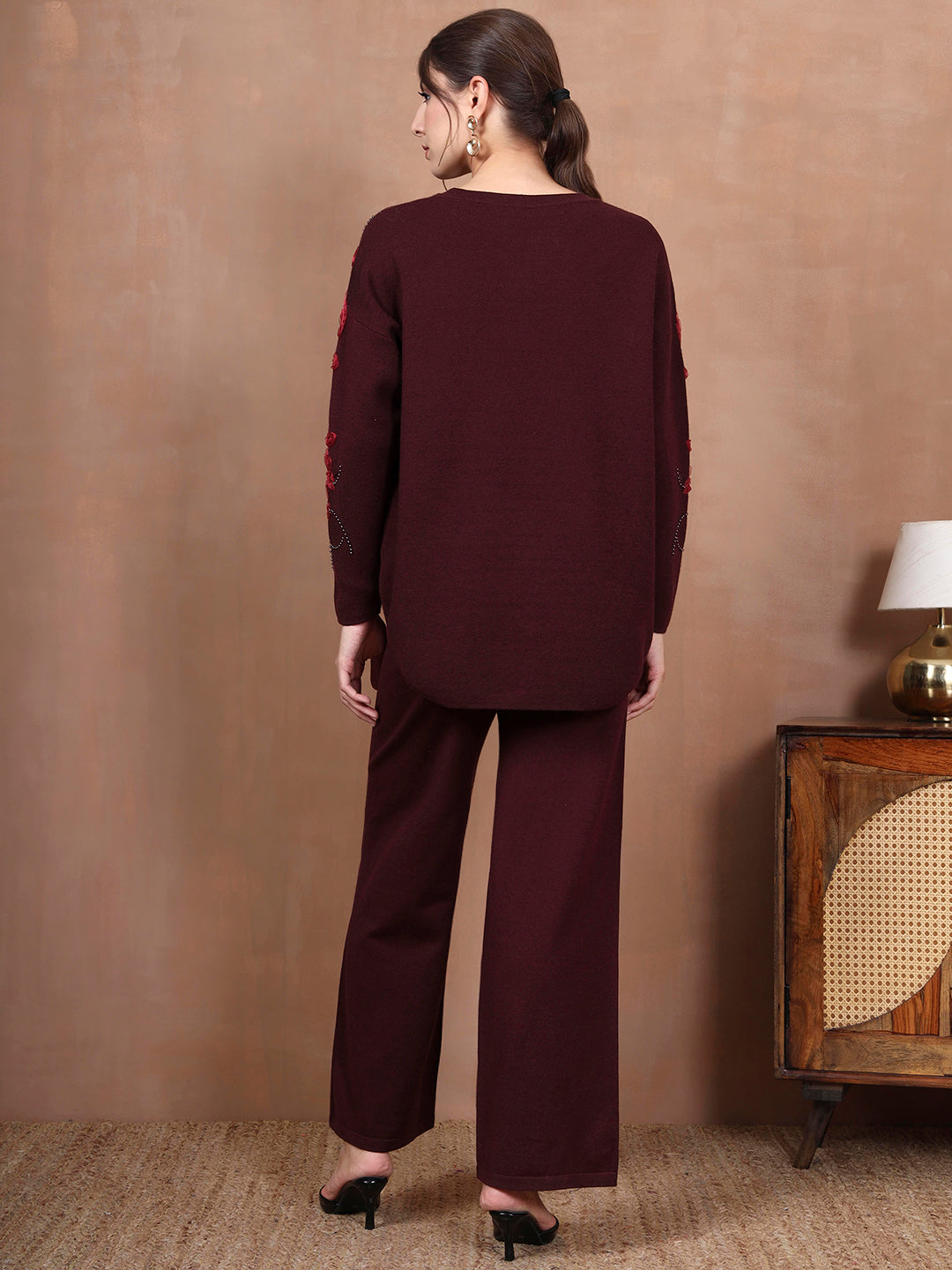 Thirty Threads Winter Wear Embroidered Mock Collar Long Sleeves Co-Ord Set