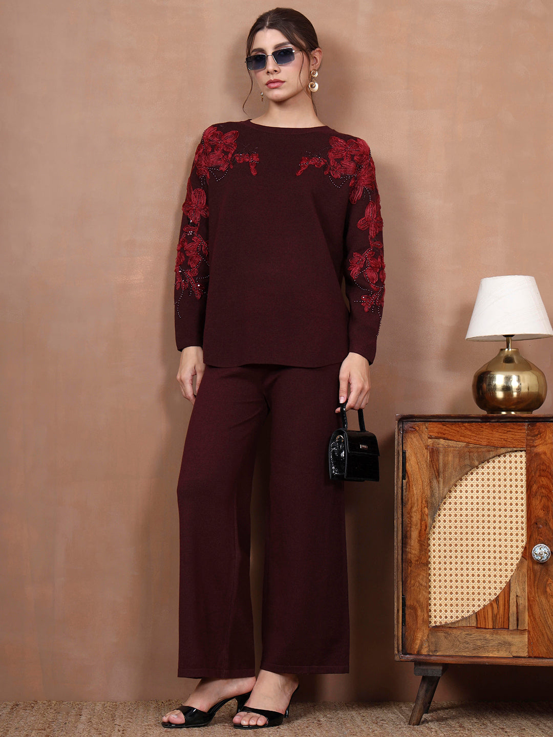 Thirty Threads Winter Wear Embroidered Mock Collar Long Sleeves Co-Ord Set