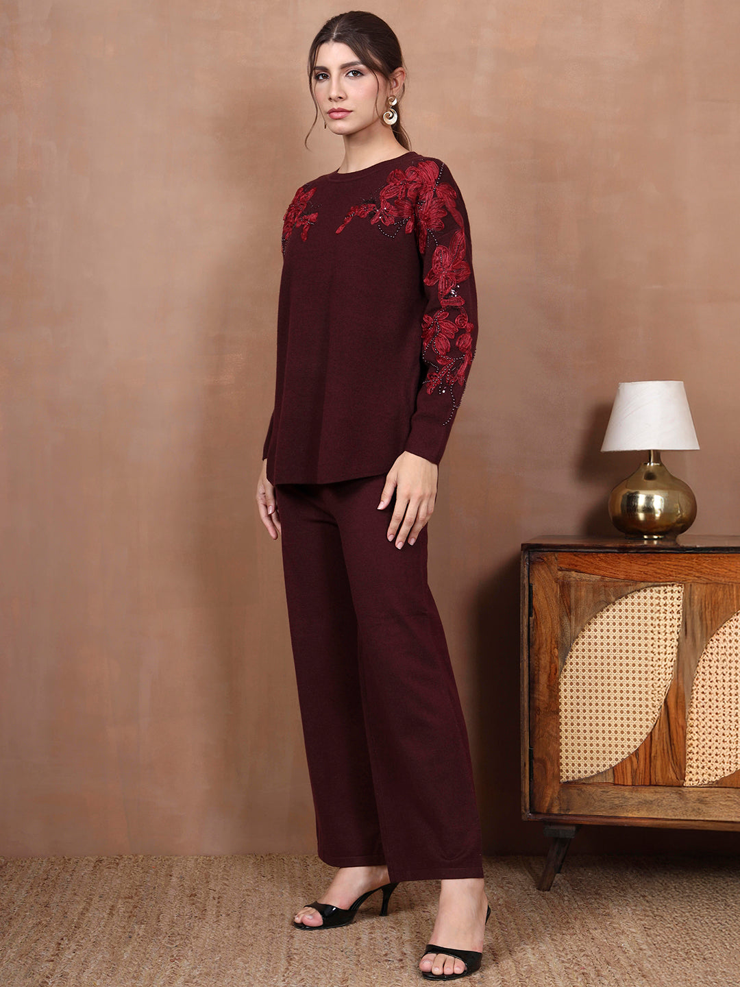Thirty Threads Winter Wear Embroidered Mock Collar Long Sleeves Co-Ord Set