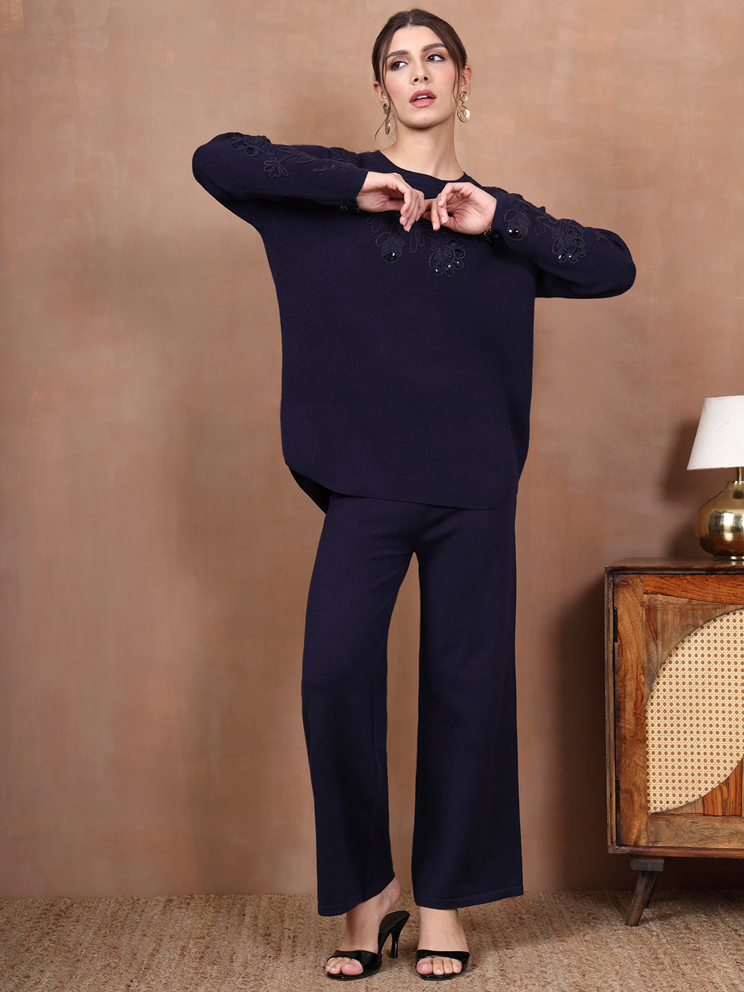 Thirty Threads Winter Wear Embellished Round Neck Long Sleeves Co-Ord Set