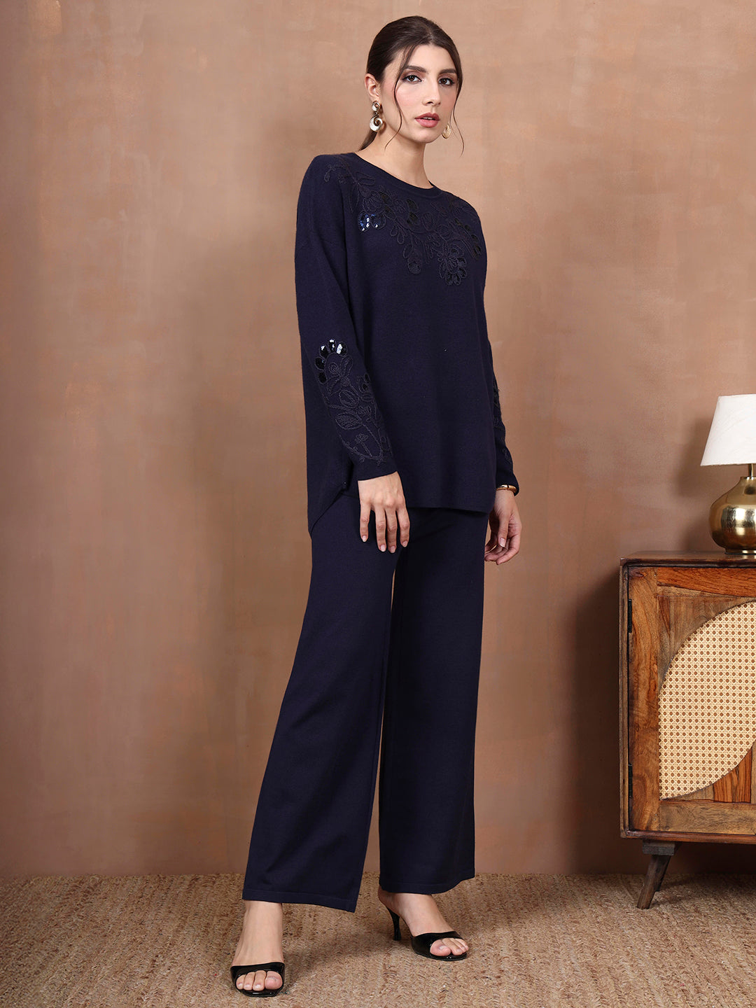 Thirty Threads Winter Wear Embellished Round Neck Long Sleeves Co-Ord Set