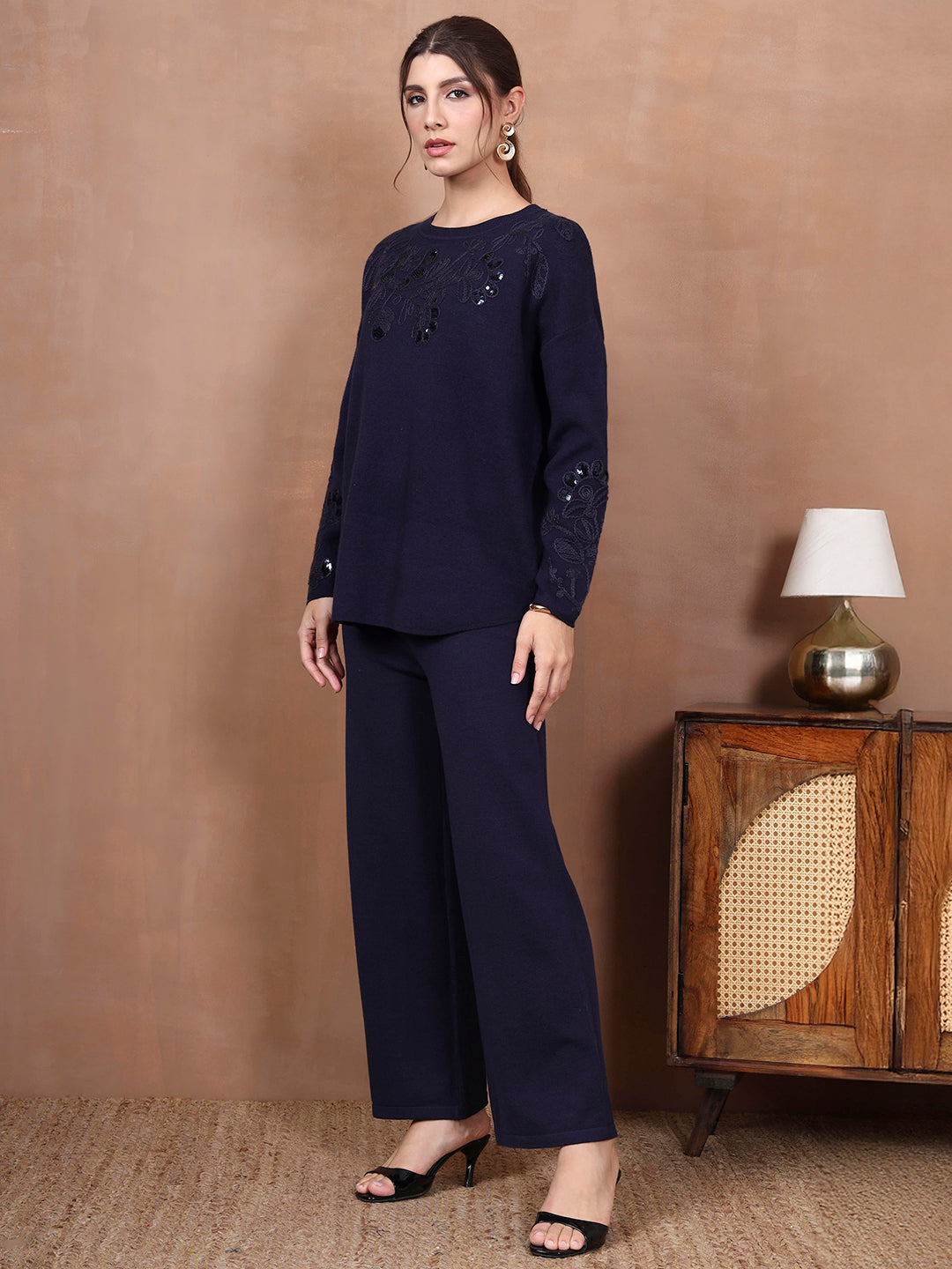 Thirty Threads Winter Wear Embellished Round Neck Long Sleeves Co-Ord Set