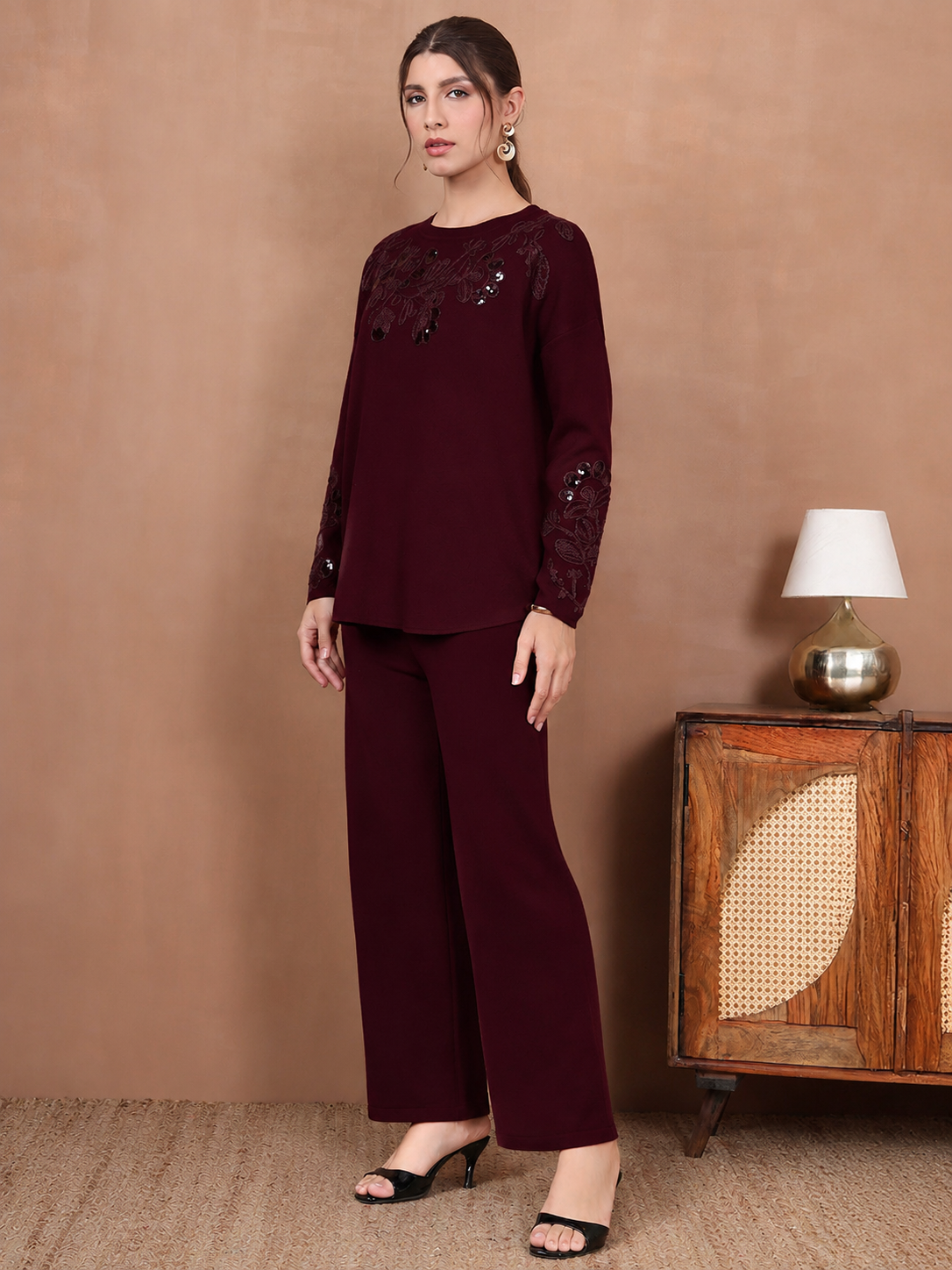 Thirty Threads Winter Wear Embellished Round Neck Long Sleeves Co-Ord Set